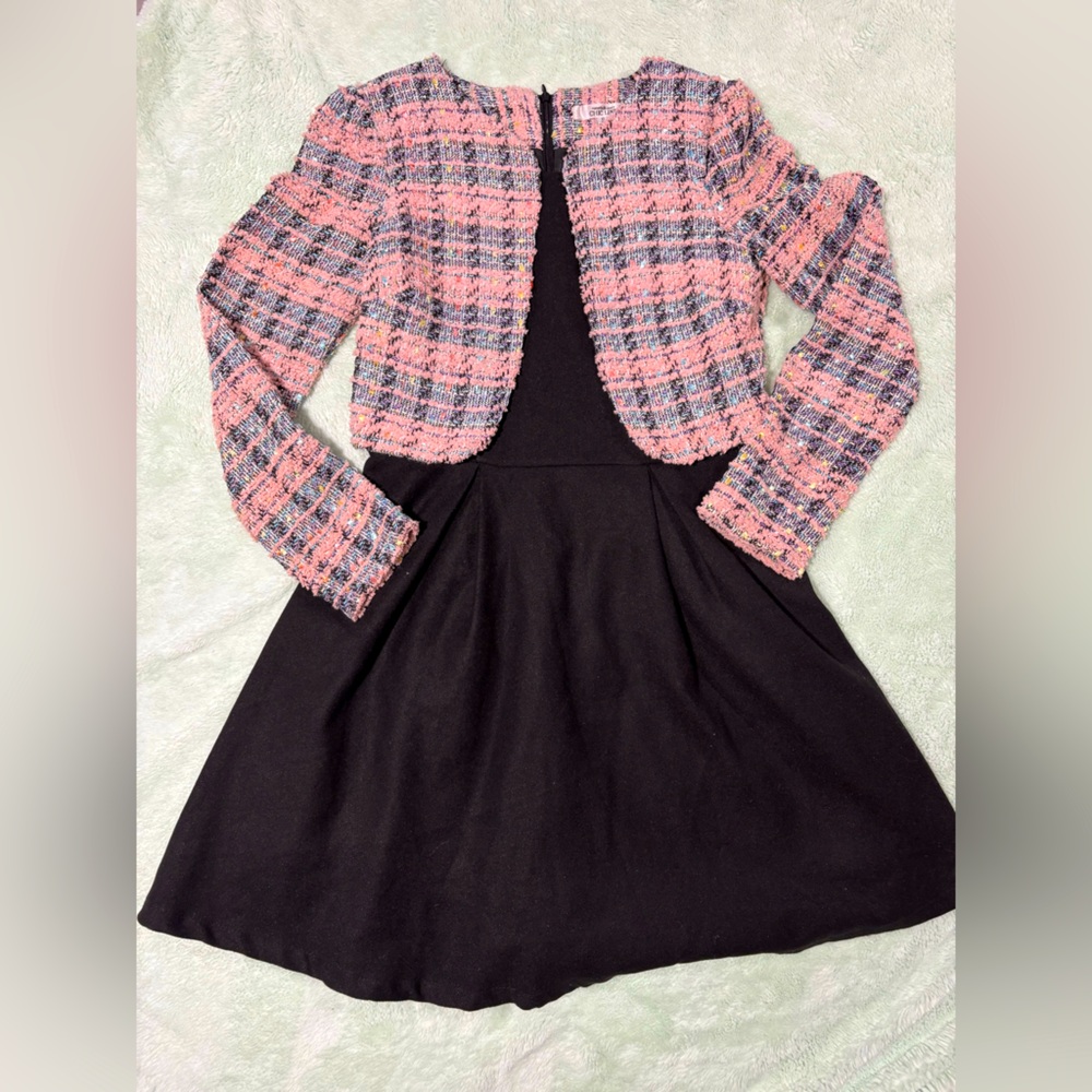 Chic Black Dress with Tweed Jacket Overlay - Size XS/S